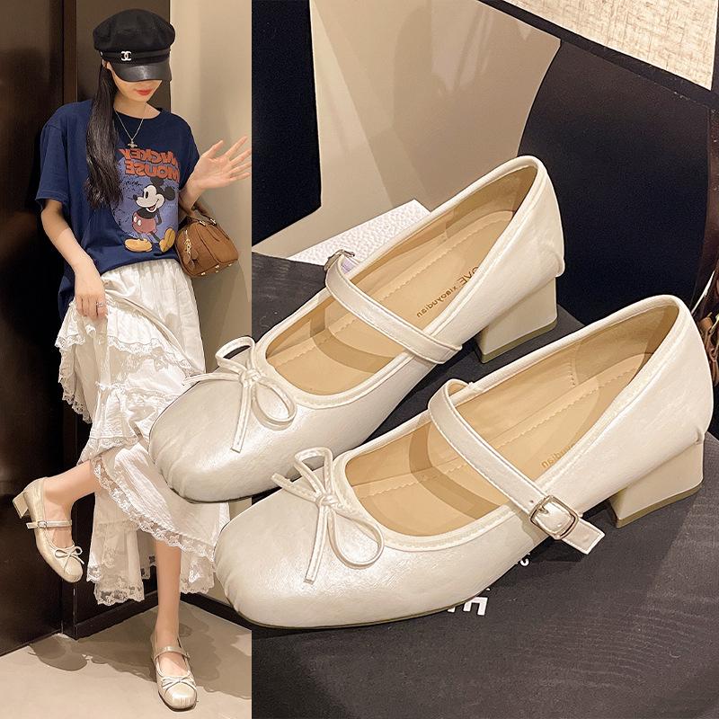 French Fairy Style Red Square Head Mary Jane Shoes Girl Spring 2025 New Bow Flat Ballet Shoes