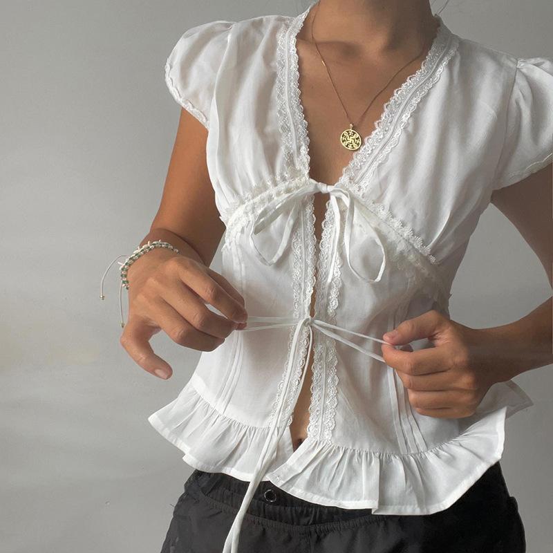 French Lace Pleated Puff Sleeves Tied Blouse for Women with White Lace Relaxed Fit Slim Pure and Sexy Hot Girl Top Short