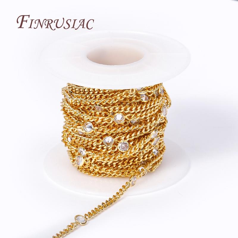Trendy Loose Chain 18K Gold Plated Brass Mental With Zircon Crystal Beads Chains For DIY Handmade Jewelry Making Accessories