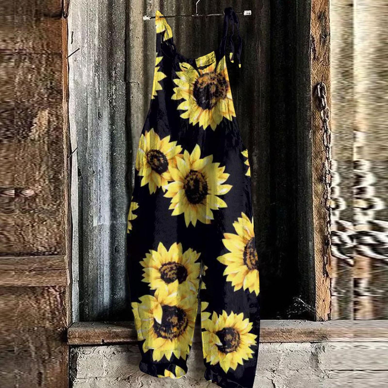 

Женский комбинезон в полоску с подсолнечником, летний повседневный свободный комбинезон в стиле ретро S жёлтый