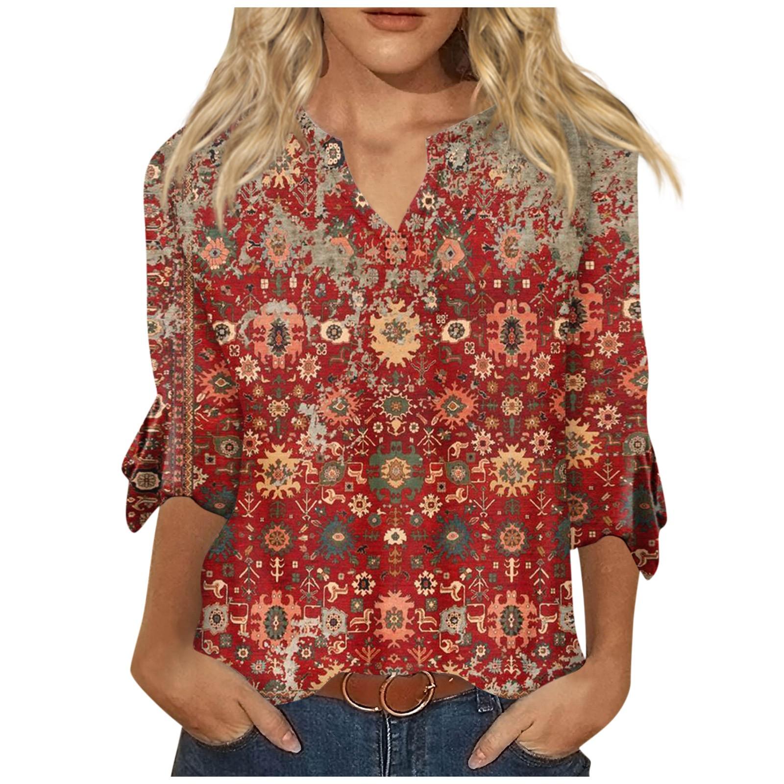 

Women s Top Loose Casual V-neck Printed Blouses Bell 3/4 Sleeve T-shirt L красный