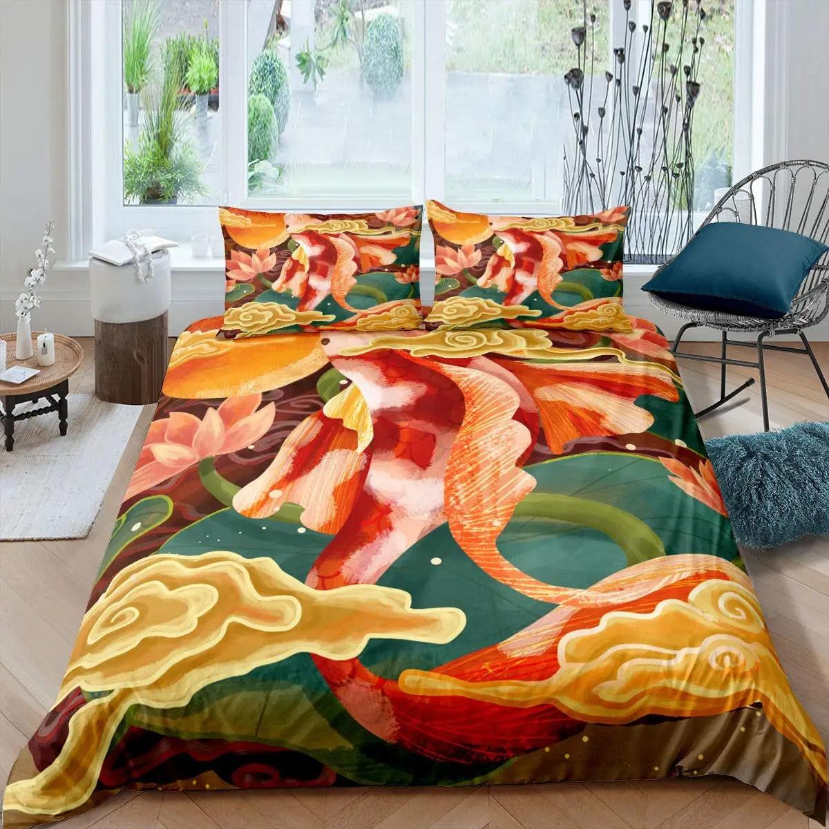 

Koi Fish Duvet Cover King Size Asian Lotus Bedding Microfiber Twin Cloud Quilt For Girl Farmhouse EU single(135x200cm)