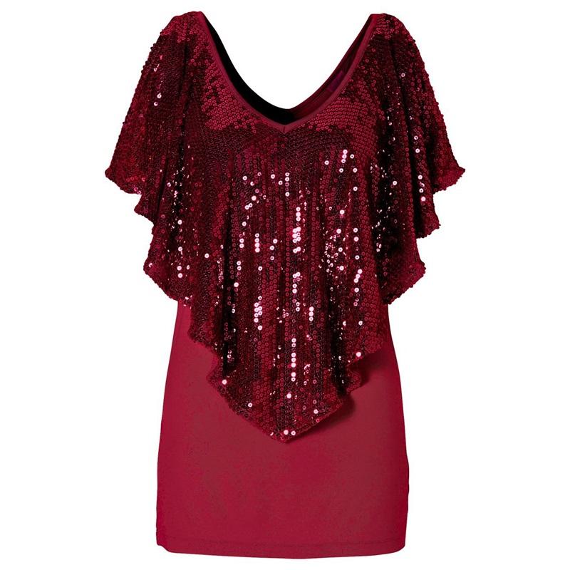 European And American Style Sequin V Neck Spliced Cotton Sexy V Neck Shawl Sleeve T-shirt Versatile Top Fashionable Women's T-shirt