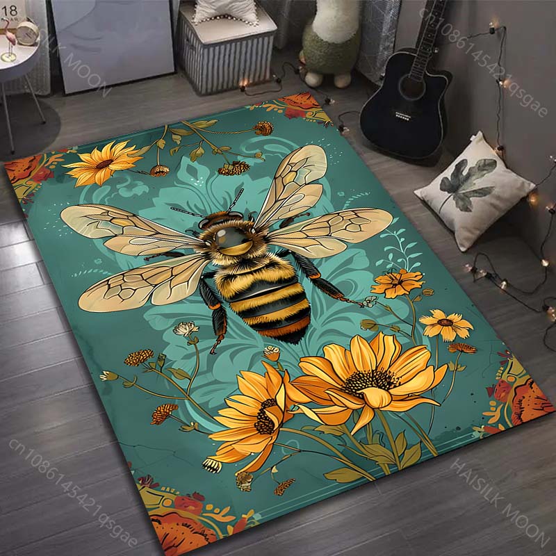 

Vintage Bee Sunflower Print Carpet for Living Room Bedroom Bedside Sofa Table Floor Mat Music Room Area Rug Home Decor Gifts 40x60cm (16x24in)