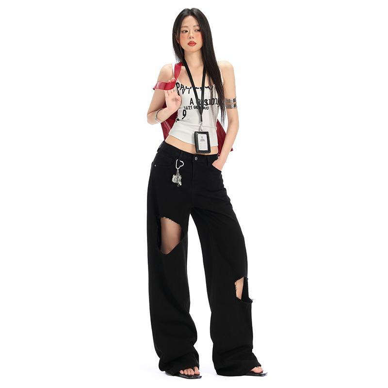 American ripped black jeans women's summer new thin high waist narrow version wide leg mopping pants niche