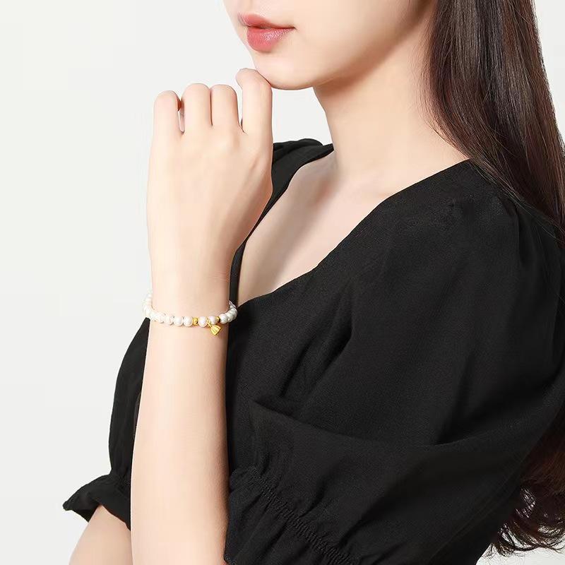 Children's Pearl & Lotus Pod Elastic Bracelet with Gold Beads