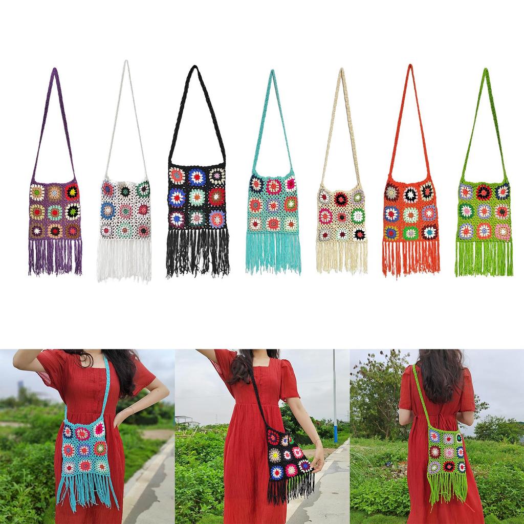Crocheted Shoulder Tassel Bohemian Ethnic Style Tote for Beach Travel