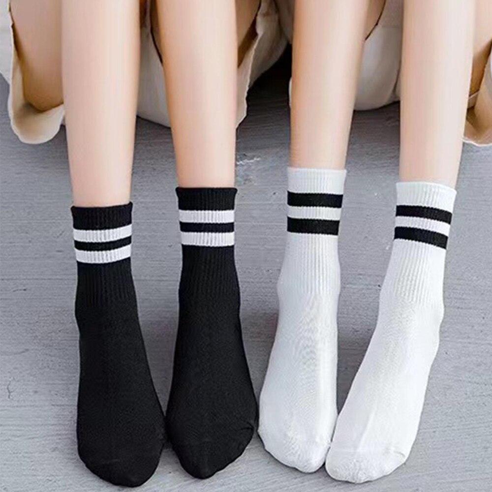 5 Pairs Women's Mid Length Socks Solid Color Parallel Stripe Simple Fashionable Sports Sweat-Absorbing High-Quality Girls' Socks