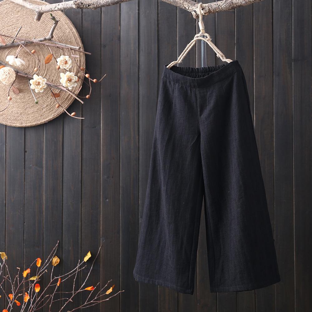 Elastic Waisted Cotton and Linen Wide Leg Pants, 9/10 Women's Thin Fit, Loose Oversized Summer High Waisted Linen Straight Leg Casual Pants