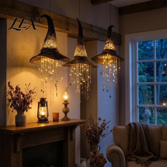 Glowing Holiday Ornaments Lighted Witch Hat Hanging Halloween Decor, LED Wizard with Window Decor Star Tassel Garland, Indoor Outdoor Porch