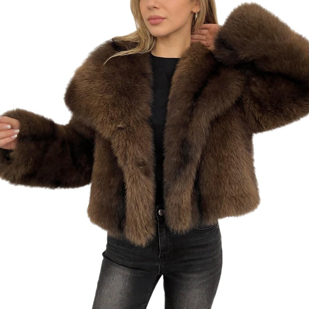 European and American winter new imitation fur coat women's clothing imitation fox hair short fashion striped large lapel coat