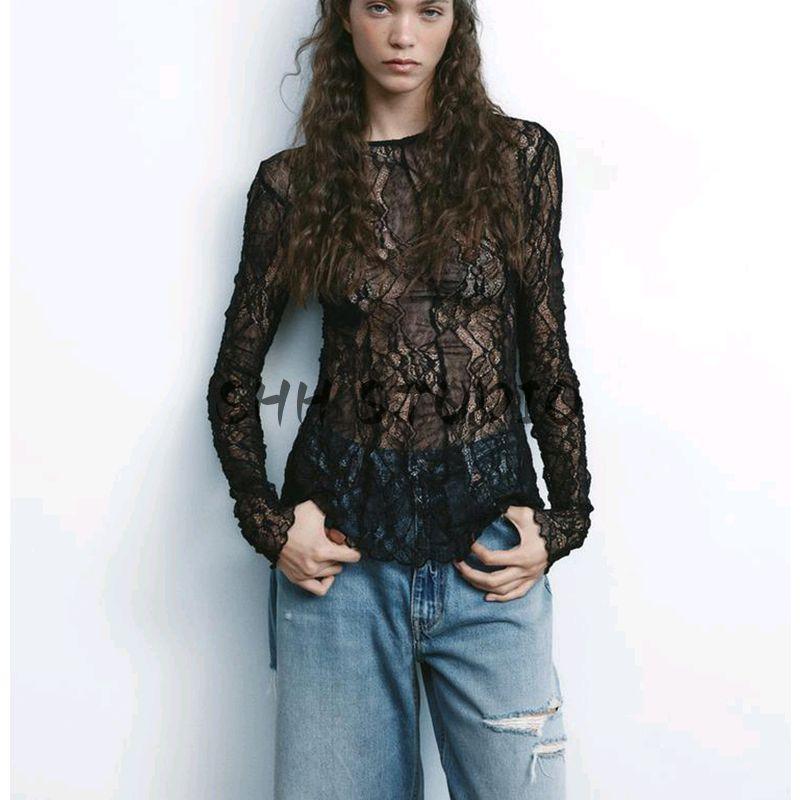 Spring New Women's Clothing Sexy Pure Desire Style Silm Long Sleeves round Neck Translucent Lace Tops 6050308
