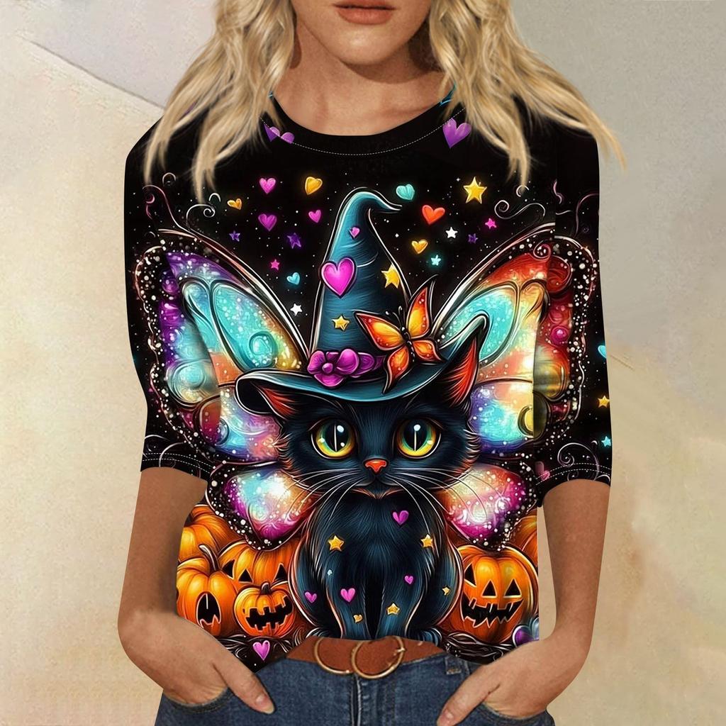 Dámské módní ležérní top s tříčtvrtečním rukávem a halloweenským potiskem, kulatý výstřih