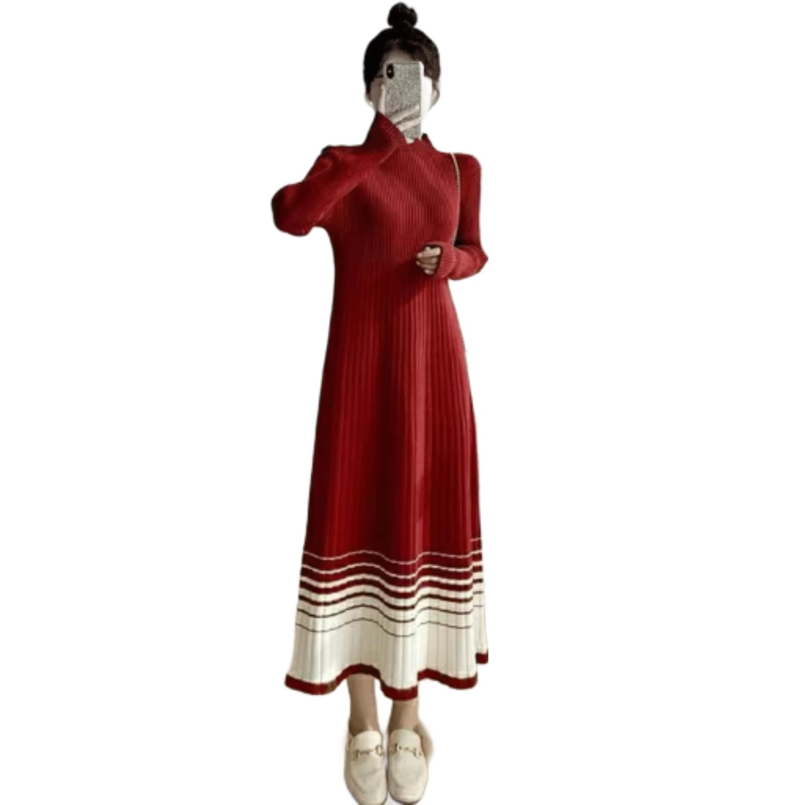 

Knit Dress for Knit High Long Sweater Medium Loose Slim Slimming Simple Red [JINJUDUO] Autumn/Winter, Women s Dress, Neck, Sleeve, Dress,