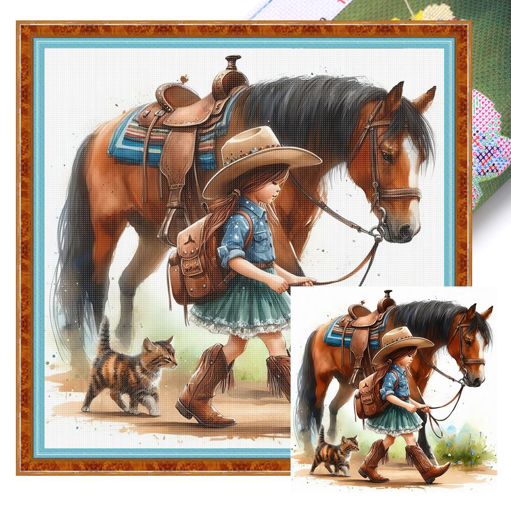 Girl and Horse Printed Cross Stitch Kit DIY 11CT Embroidery Craft Set Home Decor