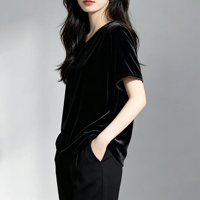Damen Mulberry Seidenvelours V-Ausschnitt Kurzarm Top