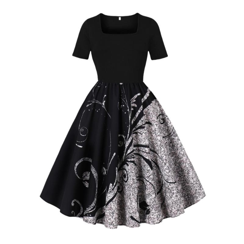 

Summer New Retro Women s Square Neck Short Sleeve Black Patchwork Printed Pendulum Dress XXL