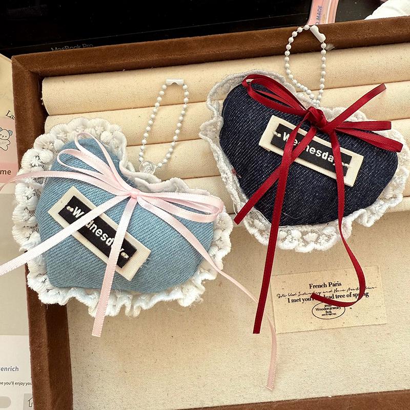 Sweet Denim Love Ribbon Keychain Charm Keyring Pendant Jewelry For Girl Women Gift Bag Decoration