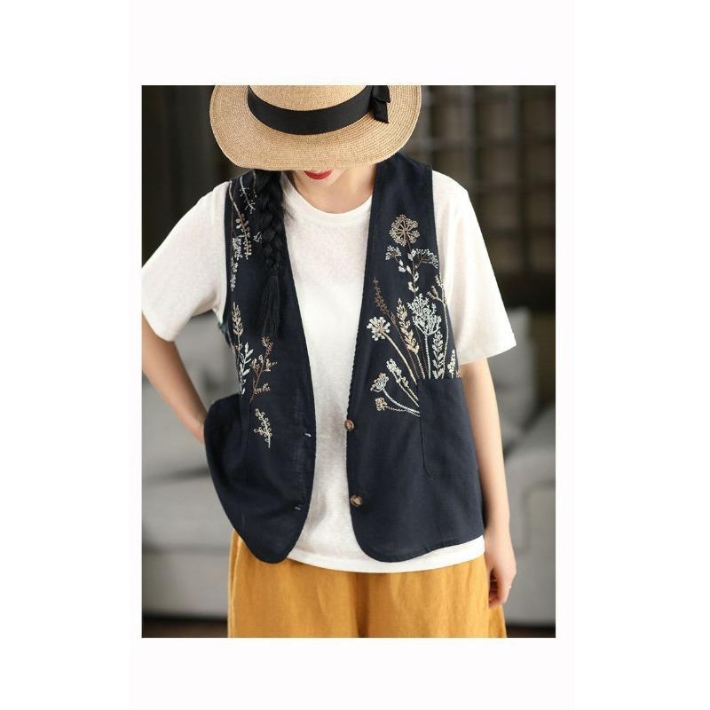 Women Floral Embroidered V Neck Button Front Cotton Vest