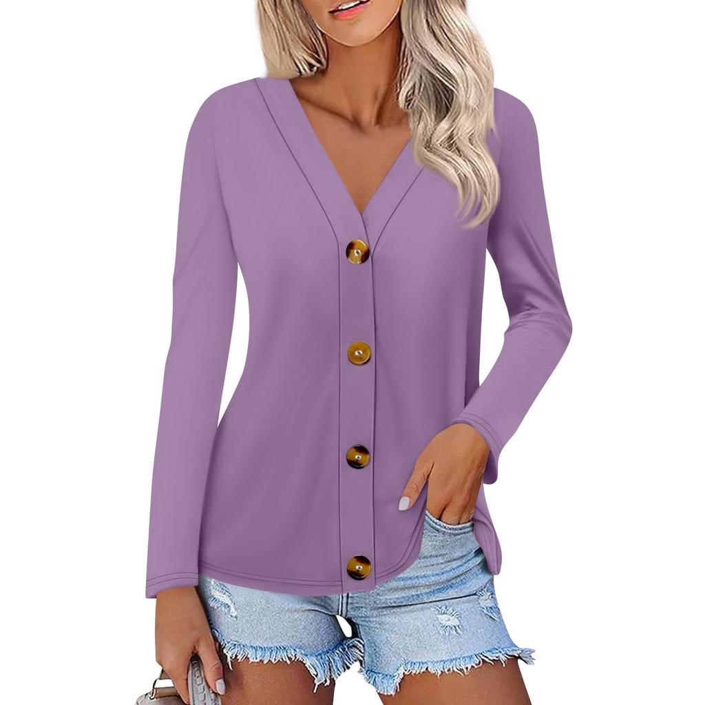 Women's Fashion Casual Solid Color Button-down Shirt Long Sleeve Tops
