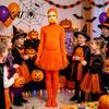 Adults Spandex Unitard Orange Full Bodysuit, with Tulle Skirt, Fake Belly, Yellow Mustache & Eyebrows, Solid Color Costume Open Face Zentai