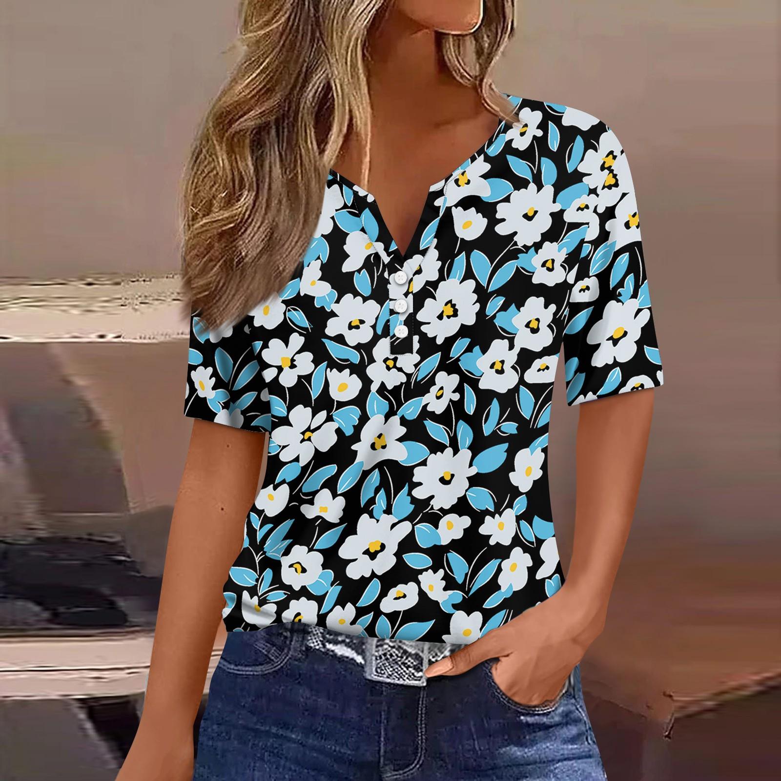 

Жіноча футболка з принтом на ґудзиках, з коротким рукавом, щоденна мода на вихідні, базовий V-подібний виріз, звичайний топ M