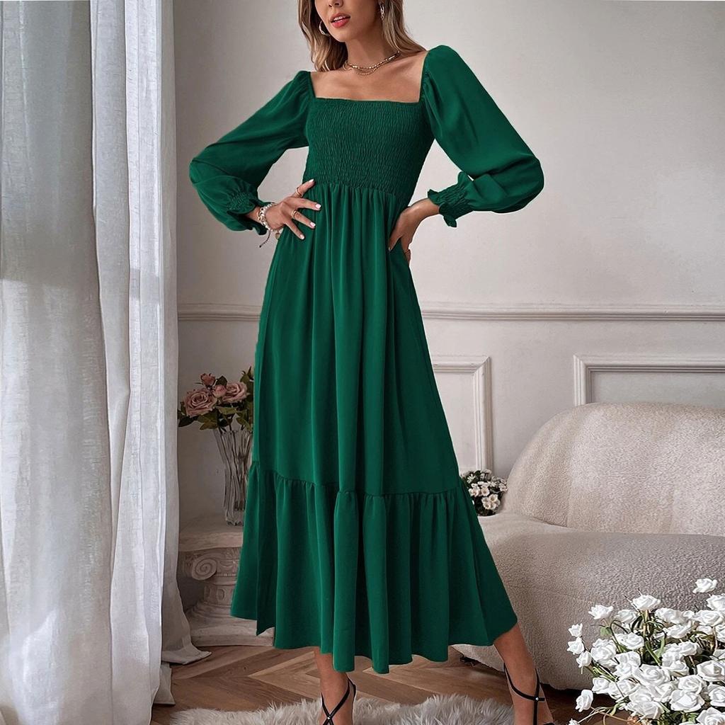 Lässiges, einfarbiges, enges Pulloverkleid für Damen mit U-Ausschnitt, langen Ärmeln, Rüschen und hoher Taille