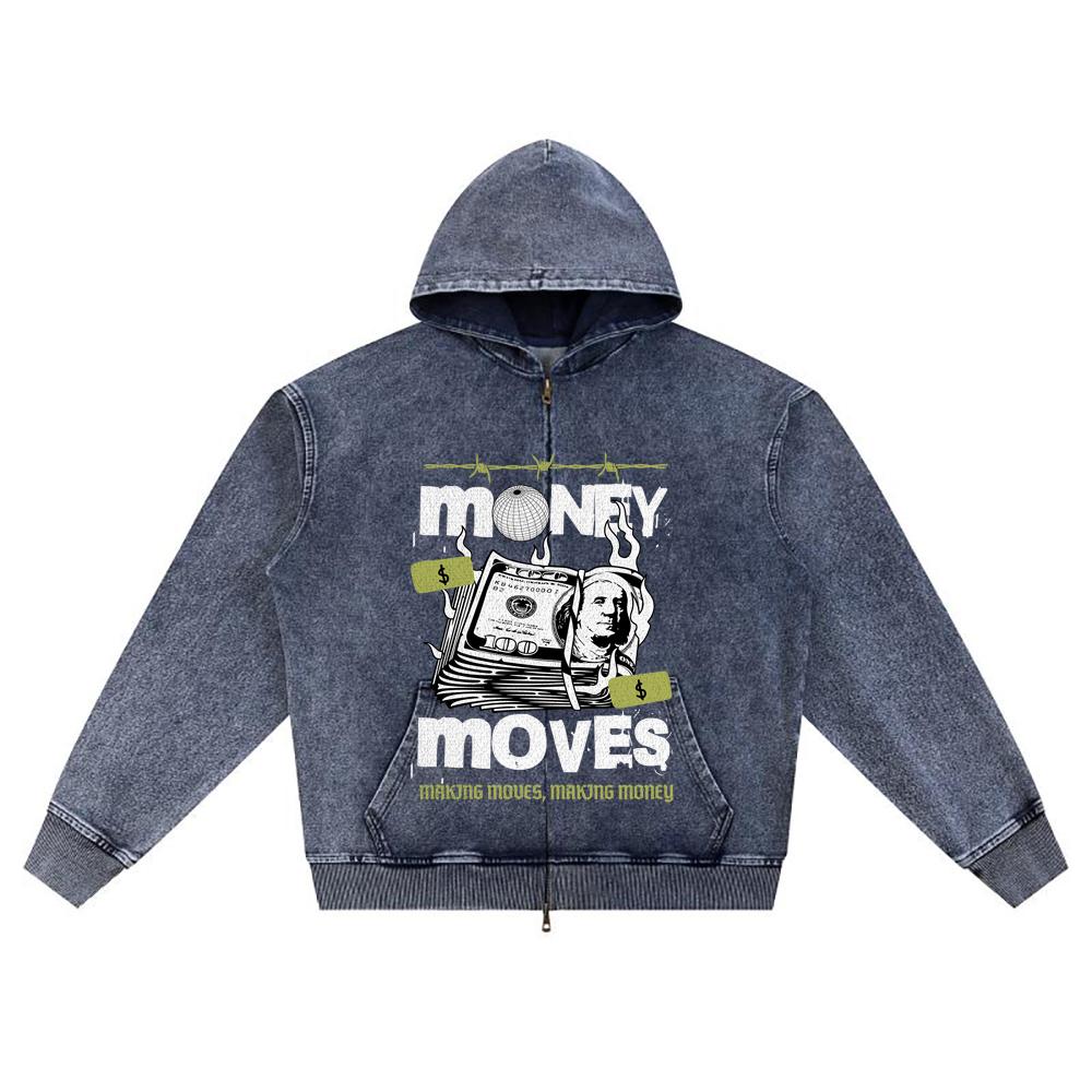 

DTG print Knitted Denim Zip-Up Hoodie Money Moves Brother Print Zipper Hoodies XL