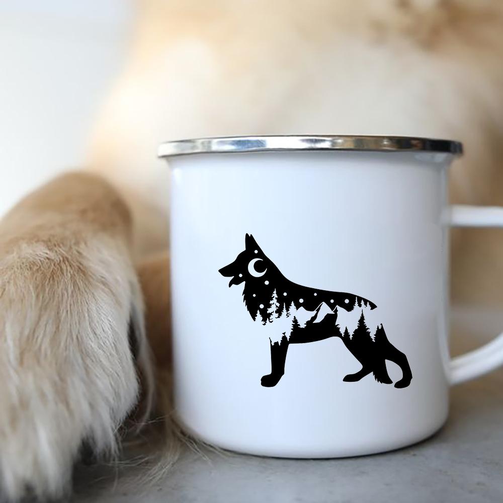 Coffee Tea Mugs Camping Adventure Beer Drink Juice Cups German Shepherd Print Creative Enamel Mug Handle Love Dog People Gifts