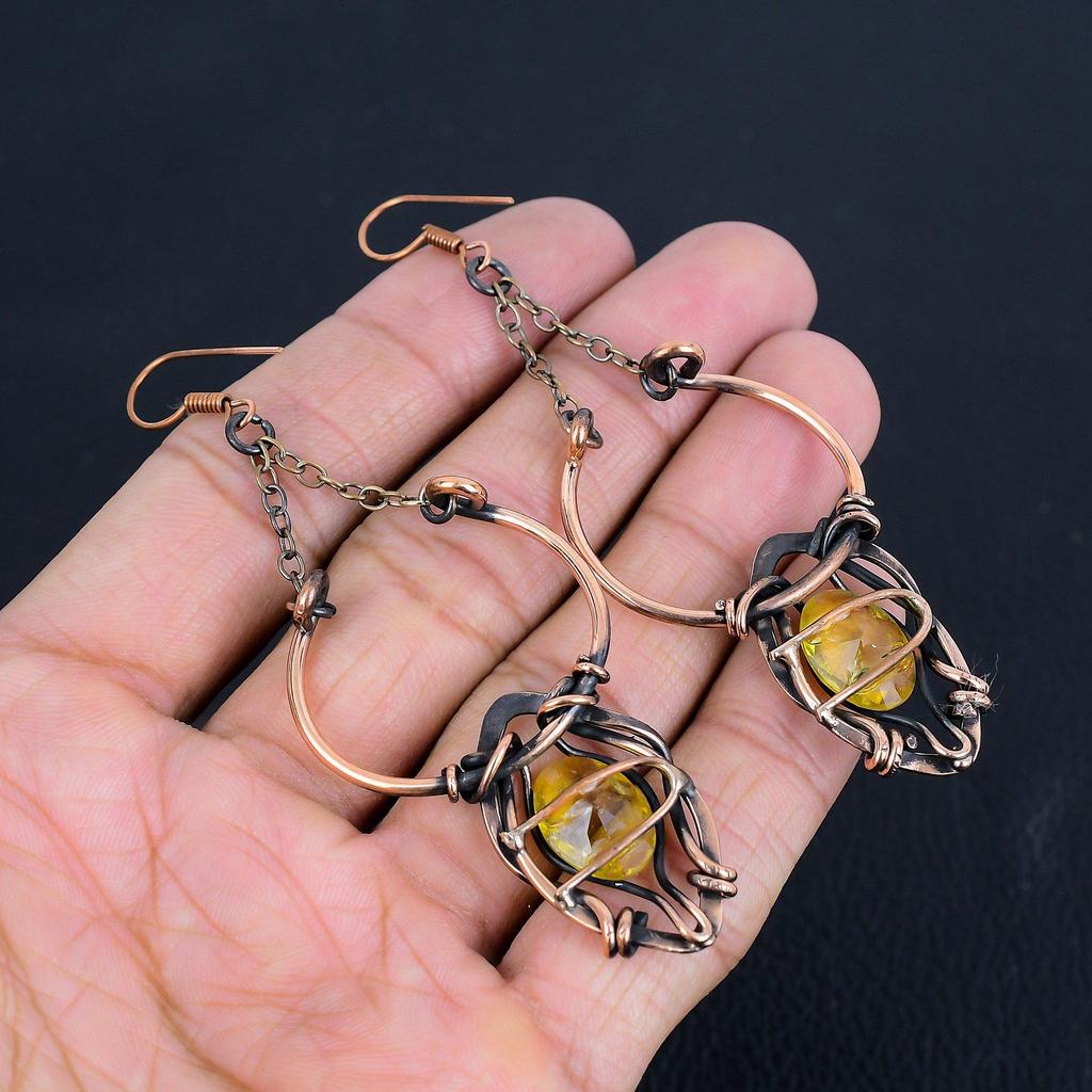 Citrine Earrings, 999 Copper Wire Wrapped Gemstone Jewelry, Handmade Earrings, For Thanksgiving