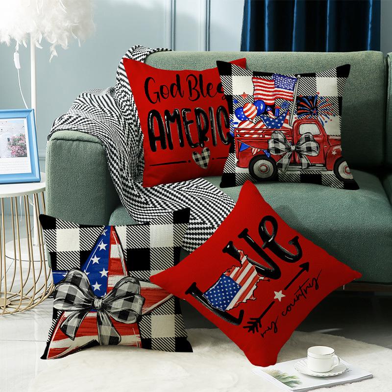 New Independence Day Flag Four-piece Set Five-Pointed Star Car Letter Print Plaid Bedroom Sofa Cushion Cover