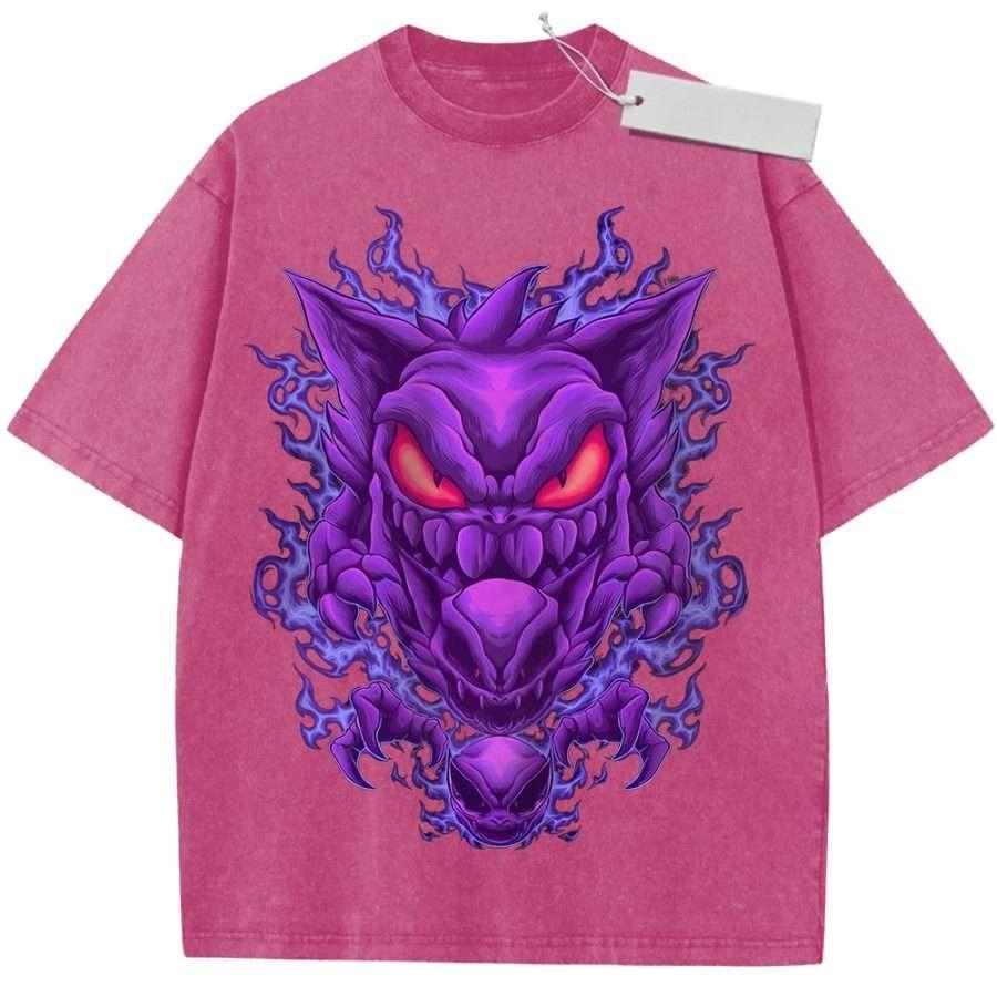 Unisex Washed Black Vintage Tshirt Pokemon Gengar Purple Flame Highquality Fabric for Home Leisure Travel Shopping