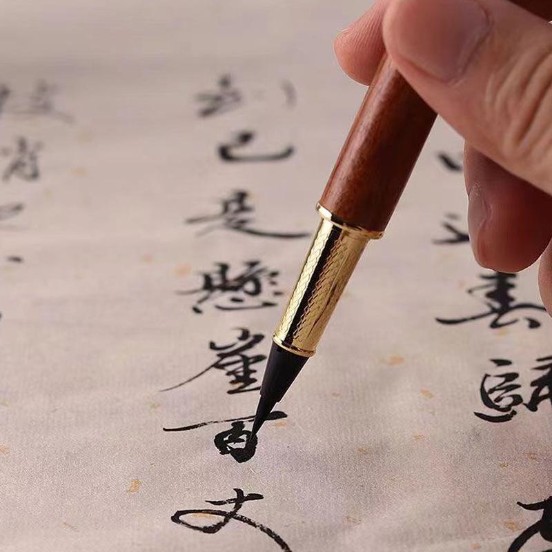 Sandalwood Brush Pen: Portable Calligraphy Soft Tip, Regular Script Ink Cartridge, Engravable Pen