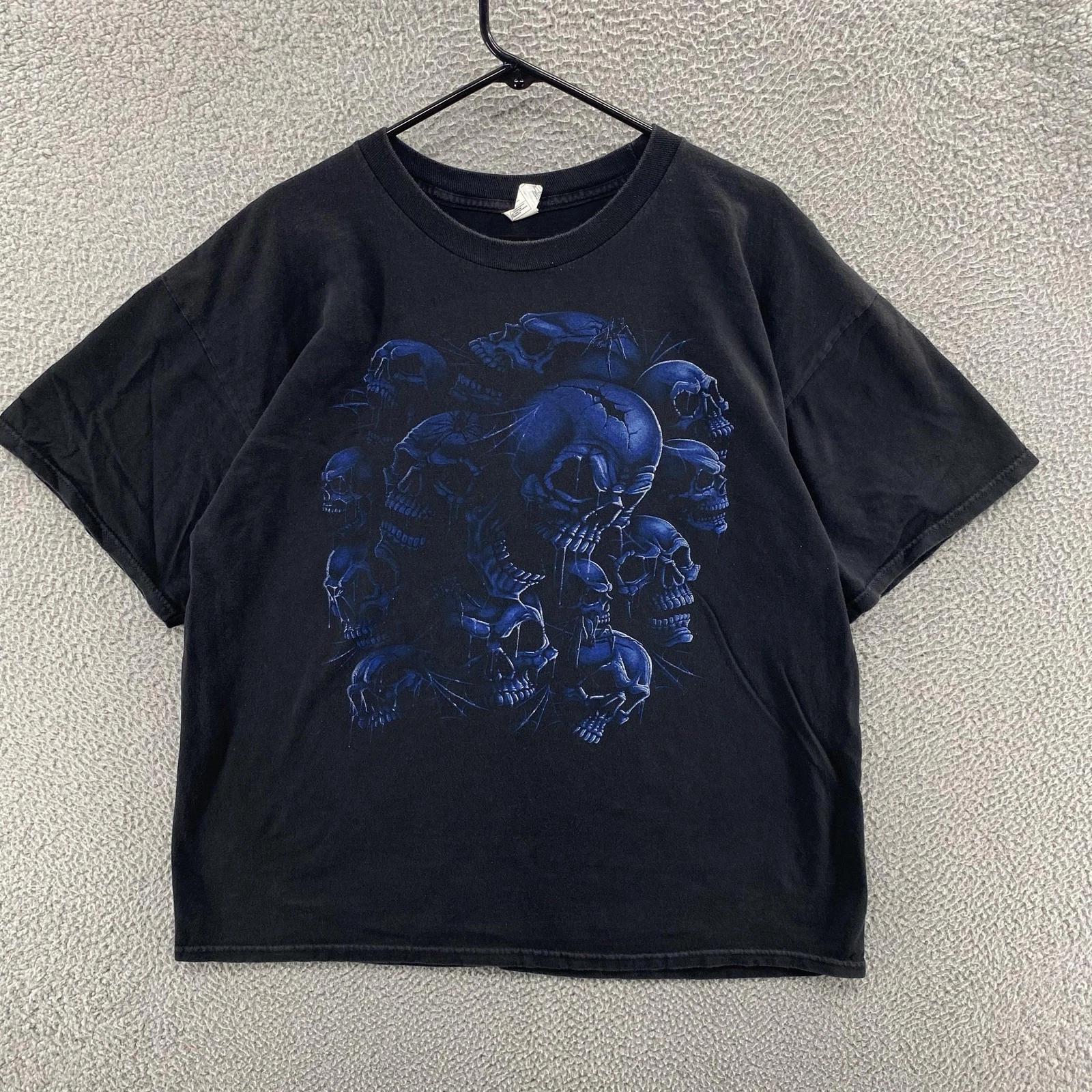 Винтажная футболка с черепом мужская 2XL Черно-синяя Графическая футболка в стиле гранж Байкерская Готическая 2000-е XL