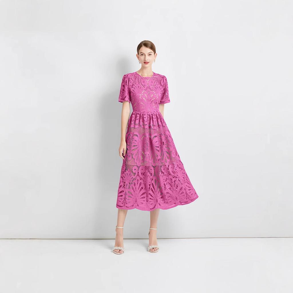 Hollow Niche Design Sense Splicing Water-soluble Lace Waist Thin Solid Color Dress