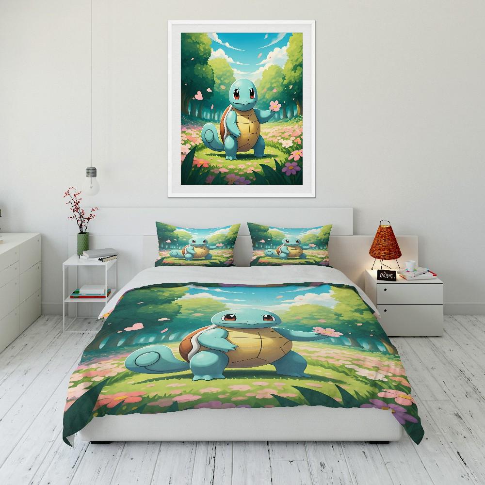 

Gift for Anime Fans Pokemon Squirtle Printed Bedding Set 3PC Duvet Cover Adult Kids Gift Full Size Bedding Set Home Bed Decor 135X200cm