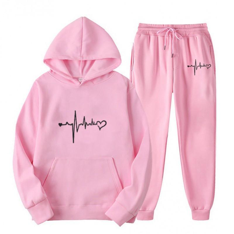 Womens Casual Hooded Sweatshirt Set Loose Fit College Style Printed Long Sleeve Top Drawstring Pants