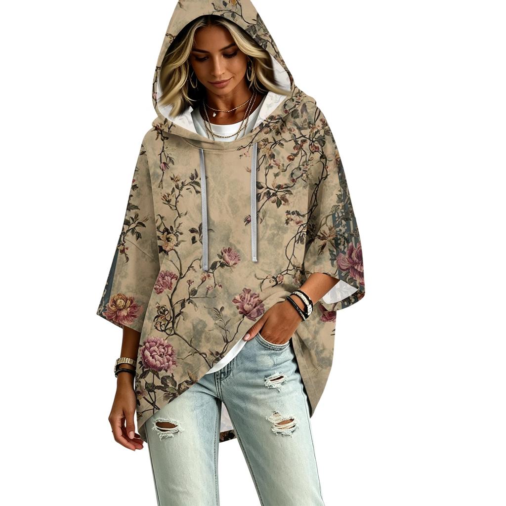 Women's Vintage Floral Print Hooded Pullover -Quarter Sleeve Blouse for Casual Wear