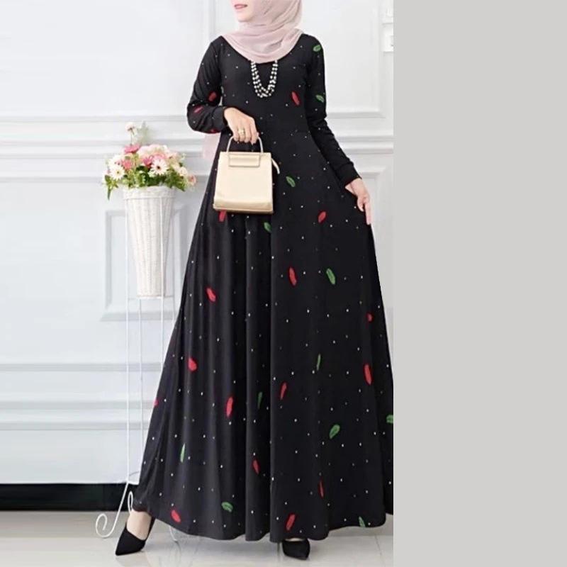 2025 Muslimisches Damen Polka Dot Print Langarm Swing Kleid