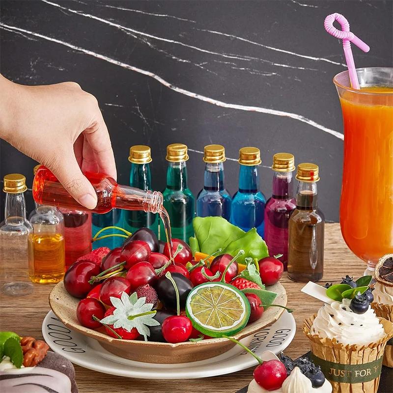 30pcs Mini Liquor Bottles Plastic Spirit Bottles with Silver/ Gold Caps Alcohol Shot Cups with Funnels Kraft Tags Rope for Party