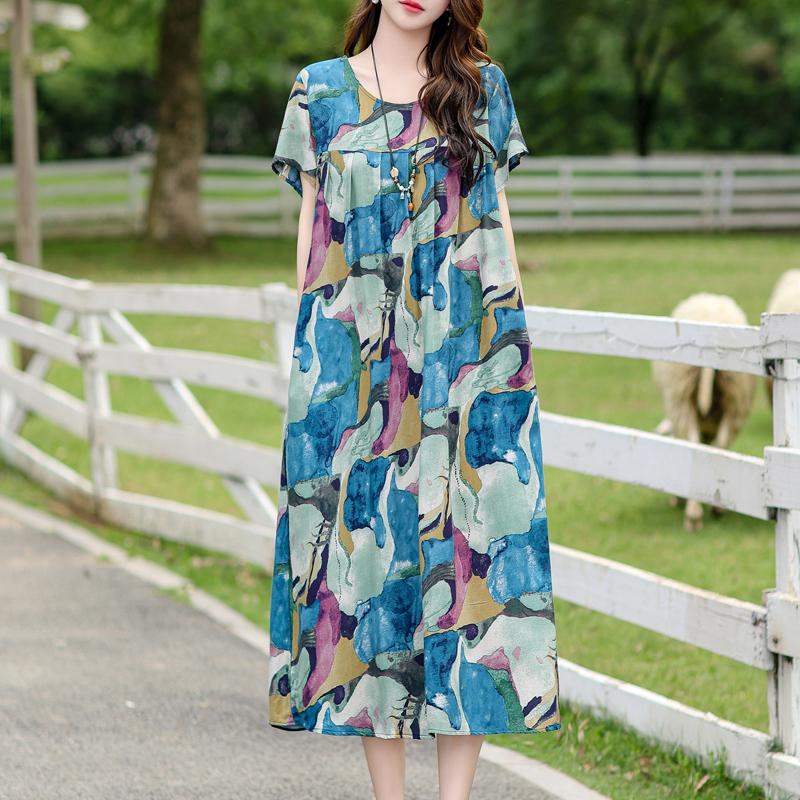 Vintage Print Loose Dresses For Women Plus Size Short Sleeve Casual Long Dress Summer Elegant Middle-aged Women's Clothing