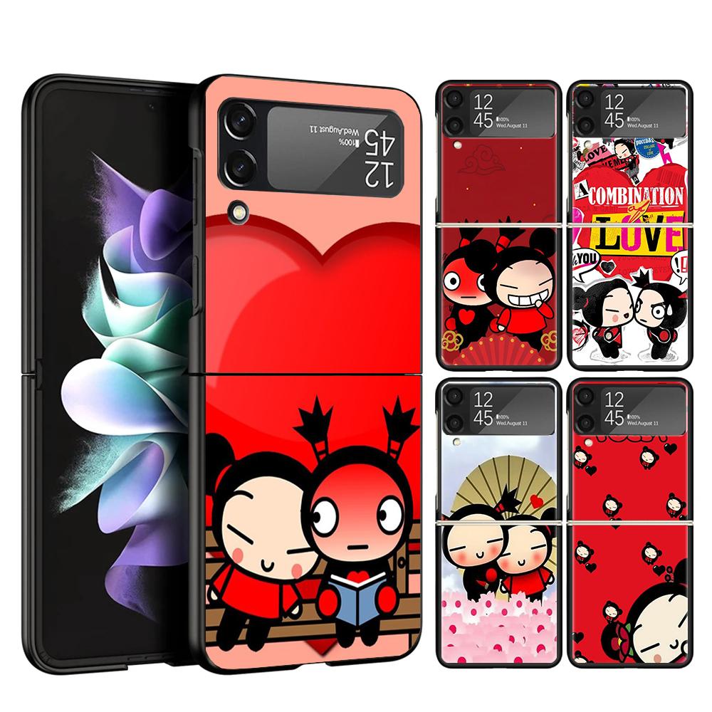 Cute Cartoon Pucca Garu Case Phone Cover for Samsung Galaxy Z Flip 6 5 4 3 5G ZFlip6 ZFlip5 ZFlip4 ZFlip3 Black Hard Trend Funda