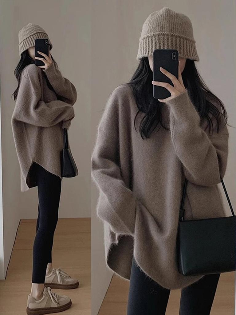 Pink Crewneck Sweater Women's New Fall Outfit Korean Style Atmosphere Aesthetic Top