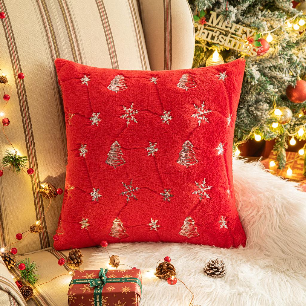 Square Sequin Christmas Throw Pillow Cases Christmas Tree Snowflake Shaggy Plush Pillowcases Sofa Cushion Covers Home Decor