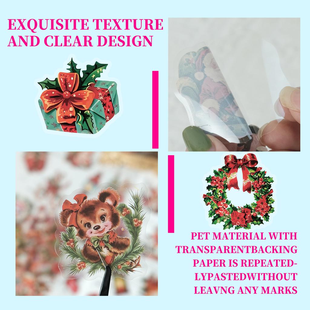 50 PCS Vintage Christmas PET Stickers - Transparent Holiday Decals for Journals, Gifts, DIY