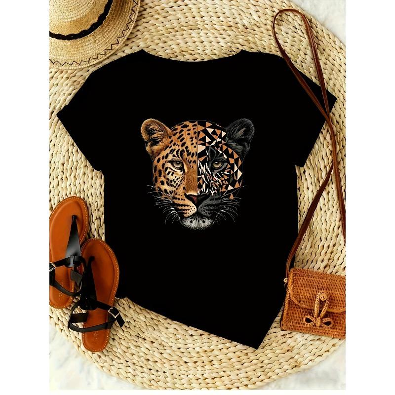 

European sizes Vintage Leopard Print Women s Short Sleeve Round Neck T-Shirt - Stretchy Breathable Fabric, Casual Spring/Summer Top, Machine Washable 4XL