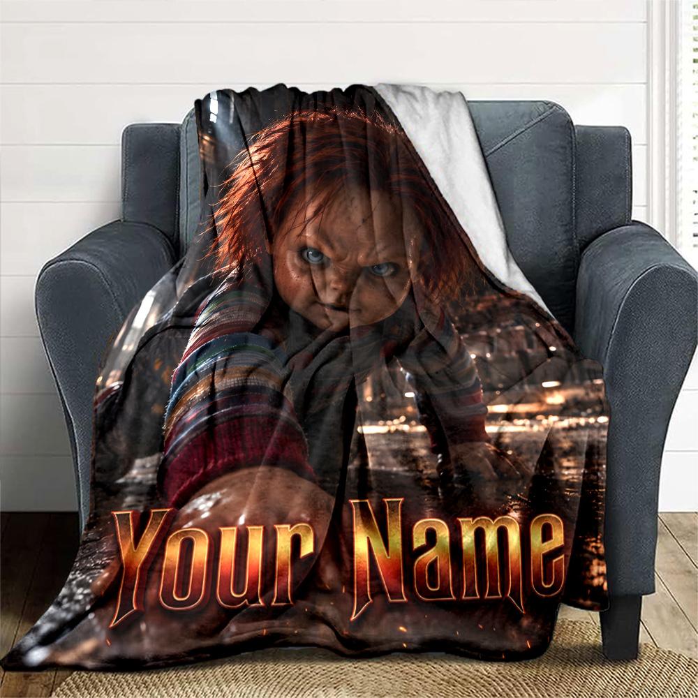 1pc Chucky Blanket with Custom Name, Gift, for Men and Women, Soft Blanket, Good for Sofa Bed Couch Travel, Lightweight Flannel Blanket