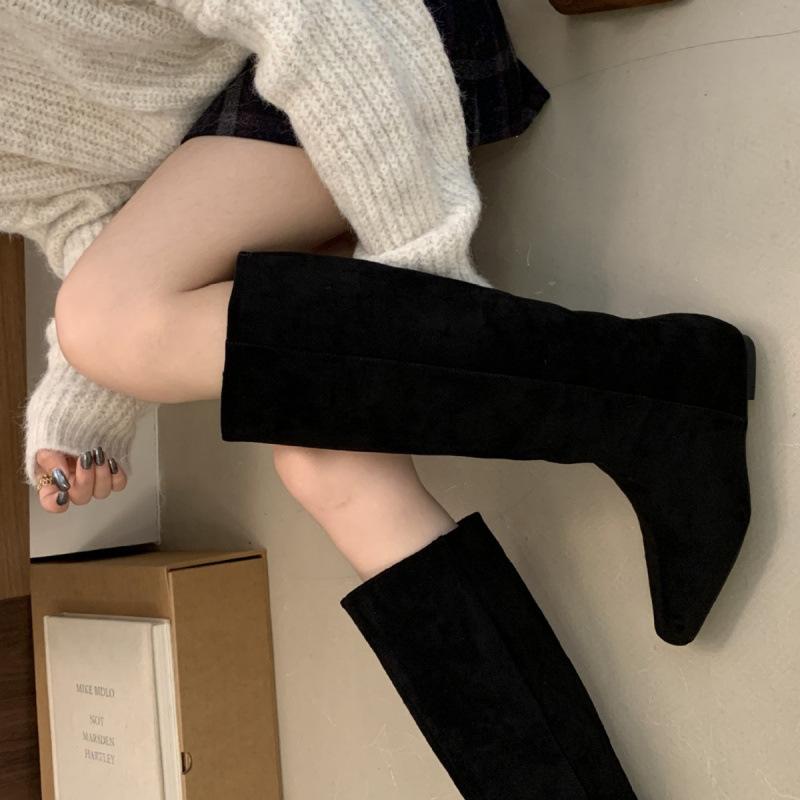 

2025 autumn and winter new square head tall tube inner slope heel suede thin boots but knee knight women s boots 39 хаки