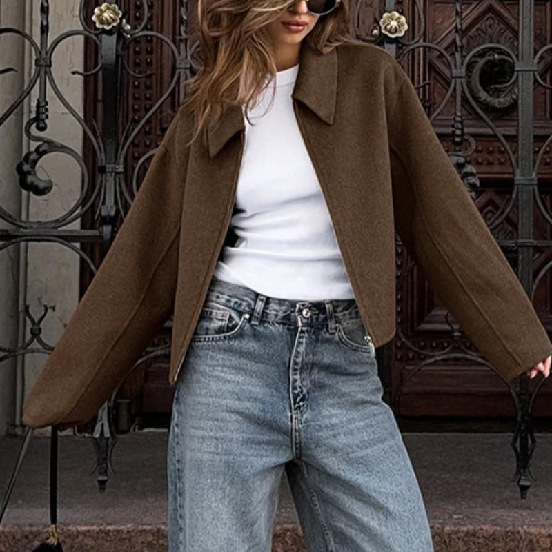 Women Vintage Lapel Zipper Cropped Jacket Casual Loose Long Sleeve Short Outerwear Streetwear Coat