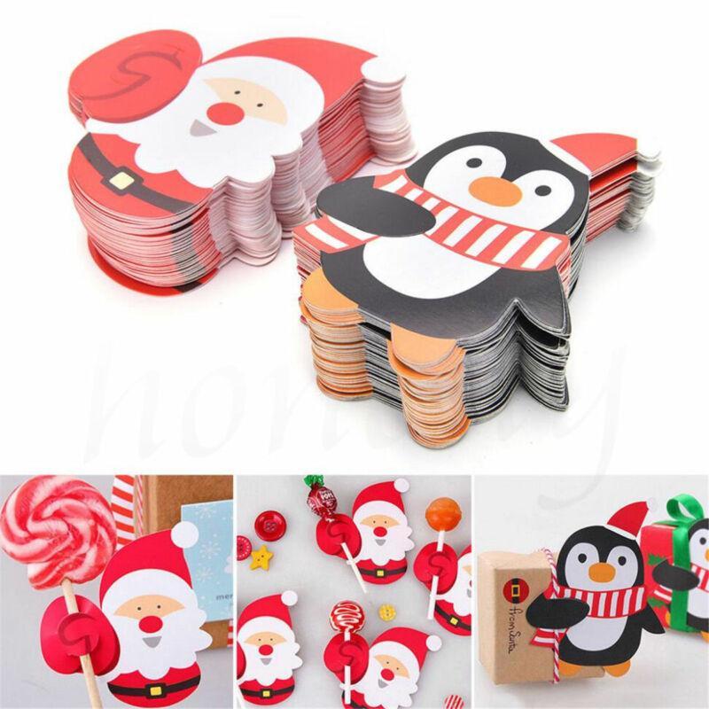 New 200-50PCS Christmas Lollipop Paper Cards Cartoon Santa Claus Penguin Snowman Kids Candy Gift Package Wrapping New Year Party